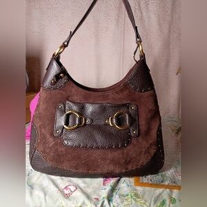 Cole Haan Dark Brown Suede & Chocolate Leather Shoulder Bag with Gold Hardware